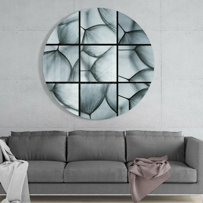 Round black-and-white tempered glass art with abstract leaf and dandelion design