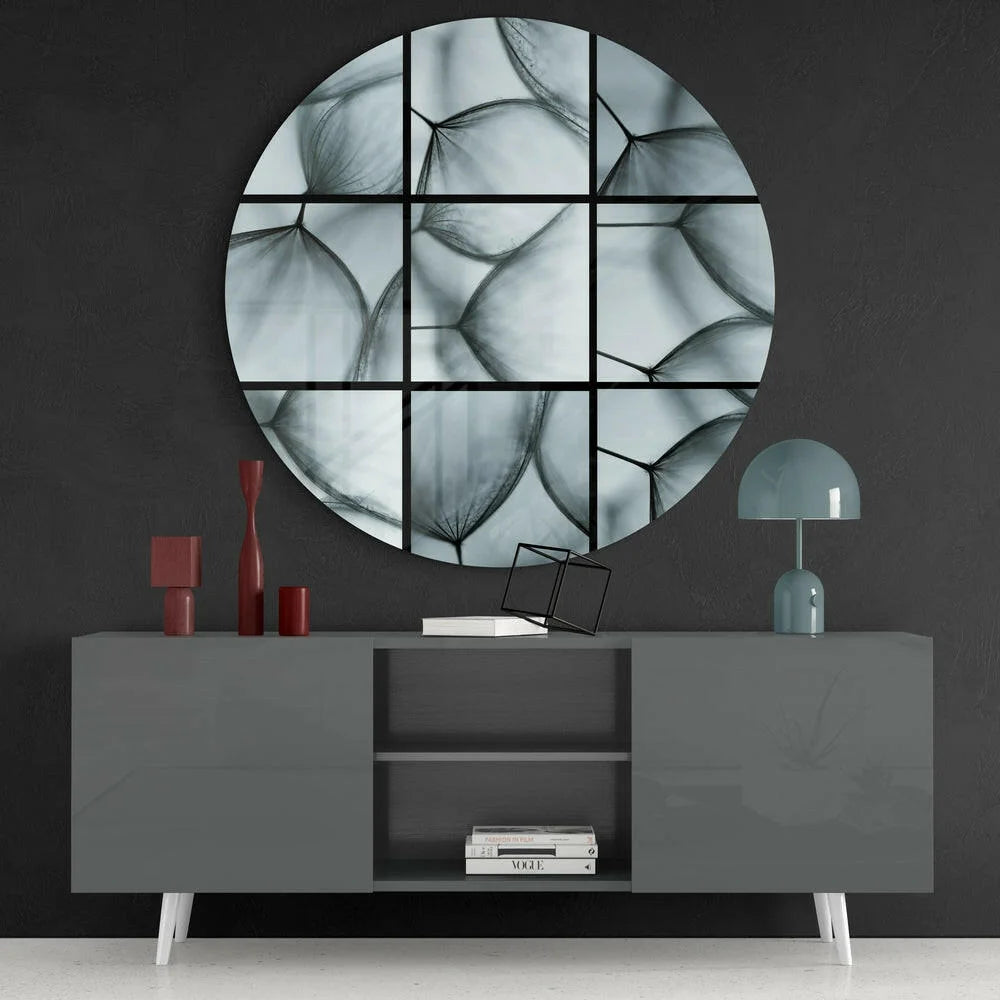 Black and white geometric glass art on tempered glass with bold dandelion design