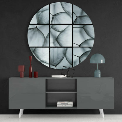 Black and white geometric glass art on tempered glass with bold dandelion design