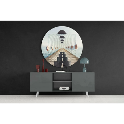 Modern gray sideboard with white legs, open shelves, and tempered glass art