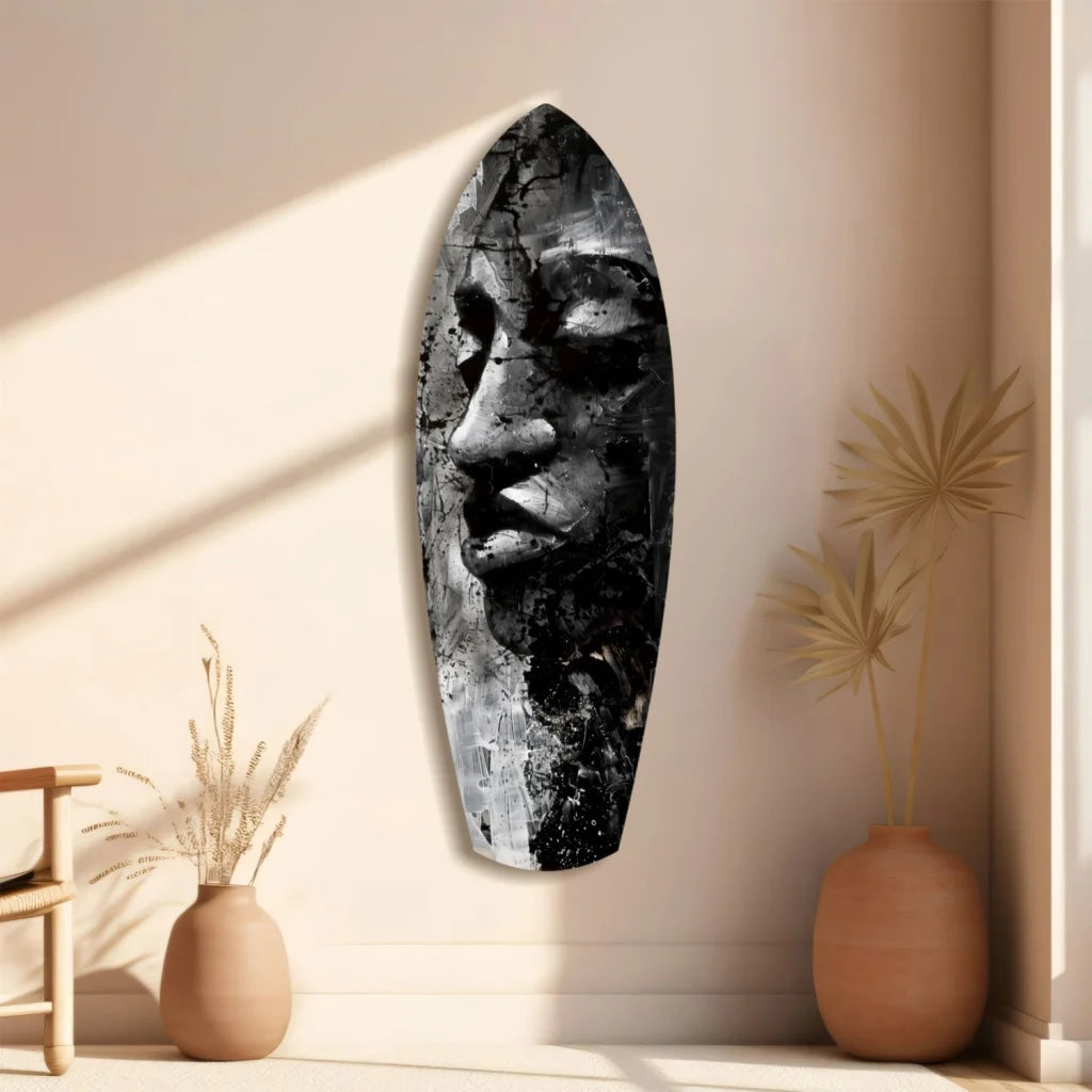 Bold tempered glass art with tribal face and black surfboard design