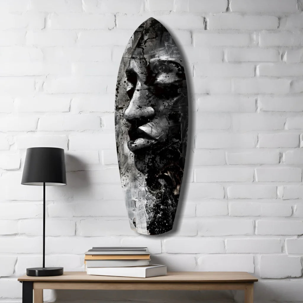 Stunning tempered glass art with bold black textured tribal face sculpture