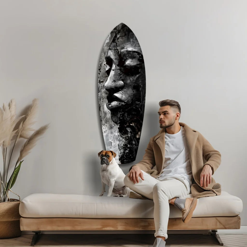 Bold tribal face tempered glass art with abstract surfboard design