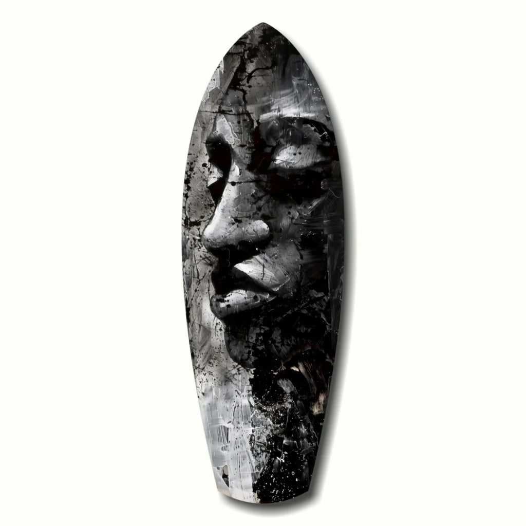 Black and white surfboard glass art with bold tribal face design