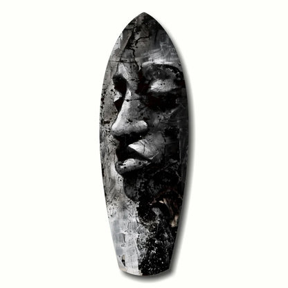 Black and white surfboard glass art with bold tribal face design
