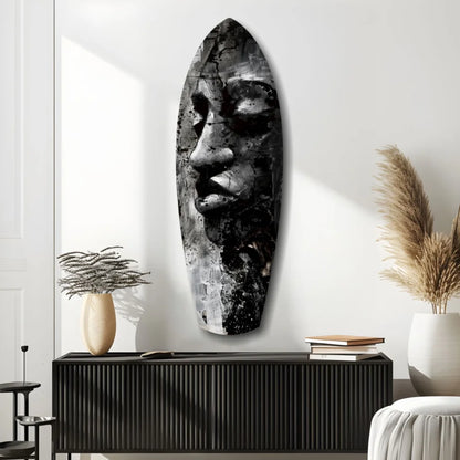 Black and white tempered glass art of tribal face surfboard design