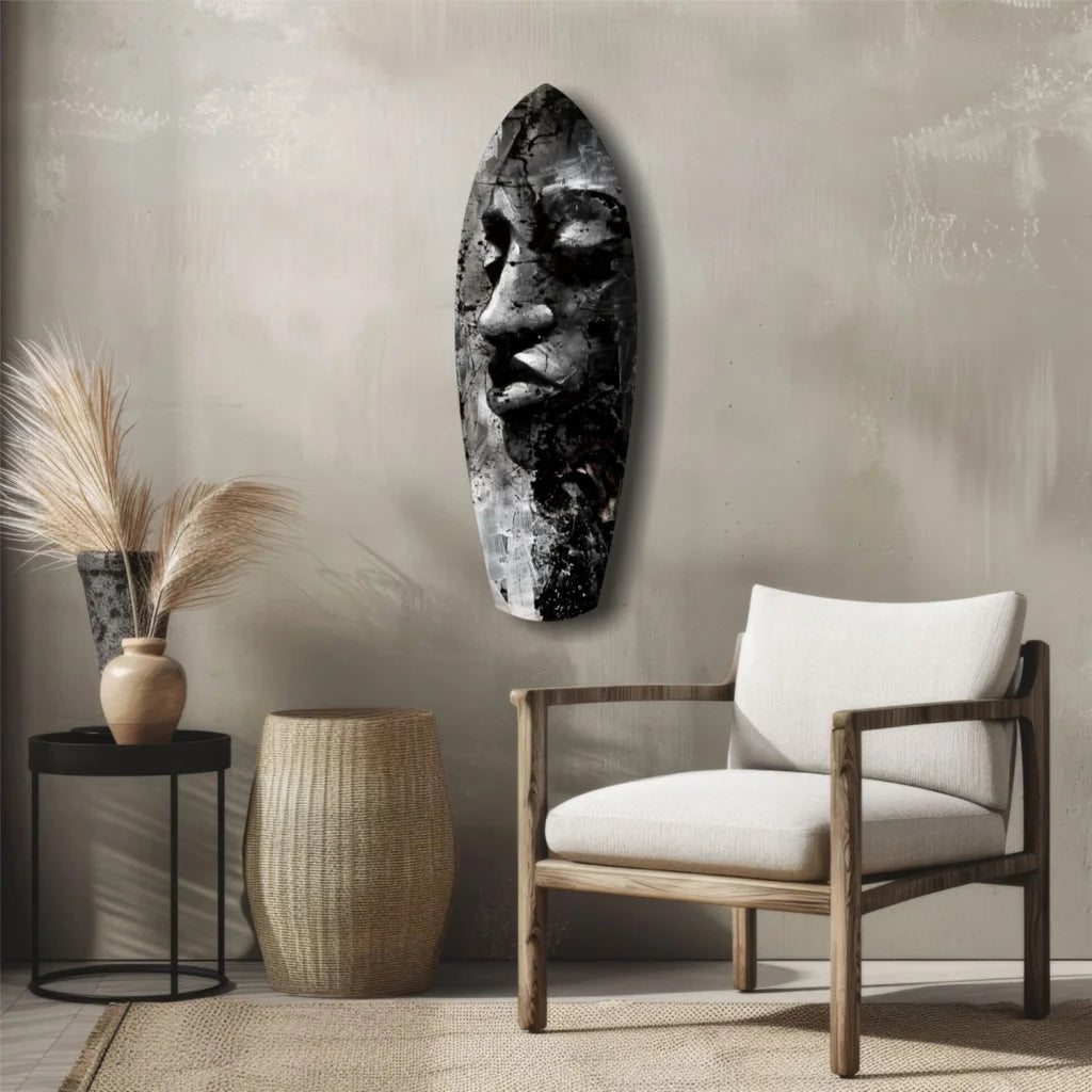 Stunning tempered glass art with bold black tribal face design