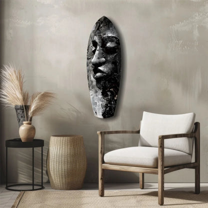 Stunning tempered glass art with bold black tribal face design