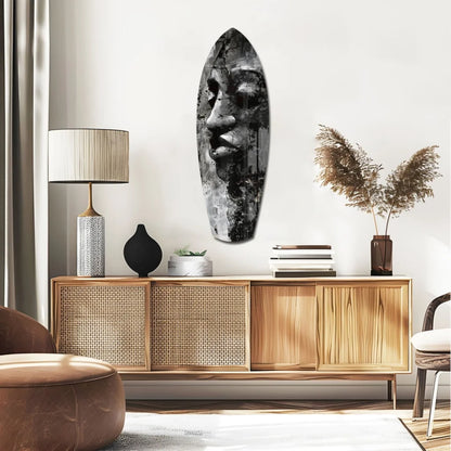 Bold tribal face tempered glass art with black wooden mask design