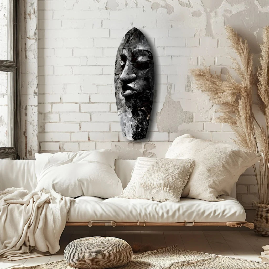 Stunning tempered glass art with bold tribal face and metallic accents