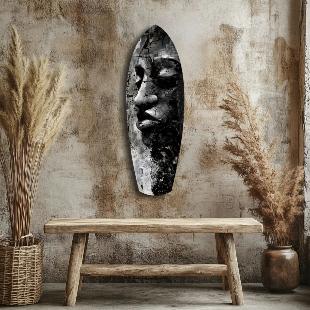 Stunning tempered glass art of black stone mask with tribal face design