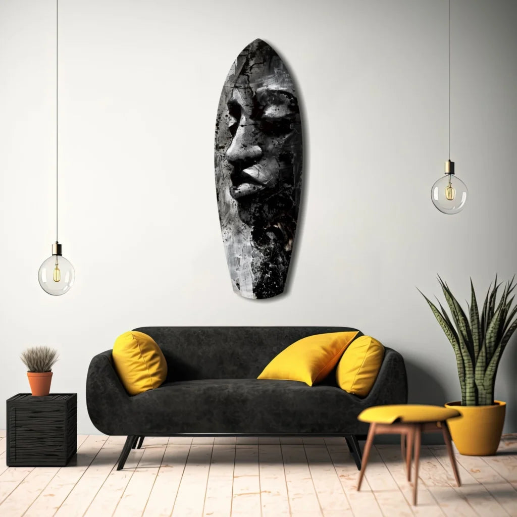 Black and white tribal face tempered glass art, size comparison