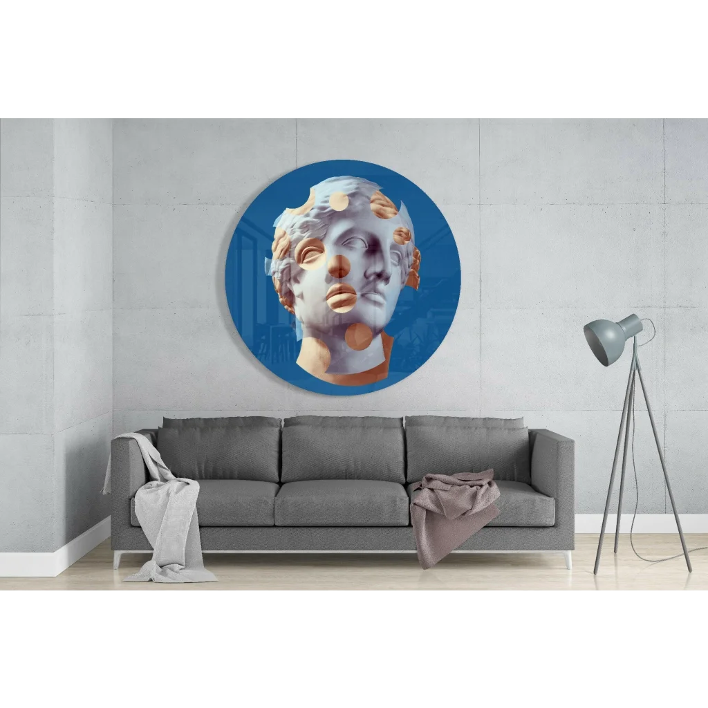 Stunning blue tempered glass art with ancient statue design
