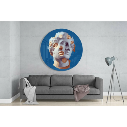 Stunning blue tempered glass art with ancient statue design