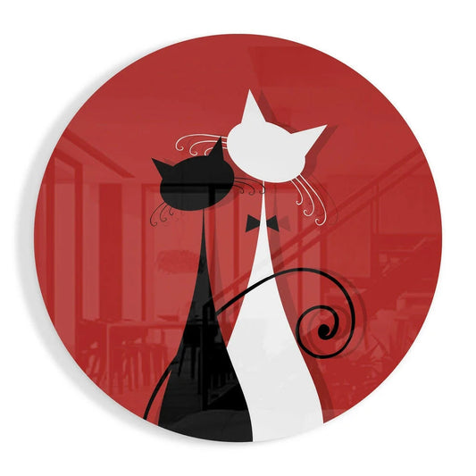 Red circular tempered glass art with black and white cats and elegant swirls