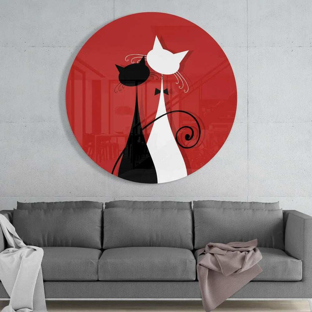 Circular red tempered glass art with black and white cats and swirls