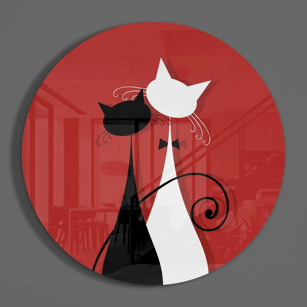 Stunning tempered glass art with circular red cats and elegant swirls