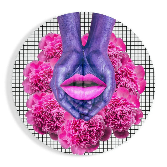 Vibrant tempered glass art with purple hands, pink peonies, and fuchsia lips