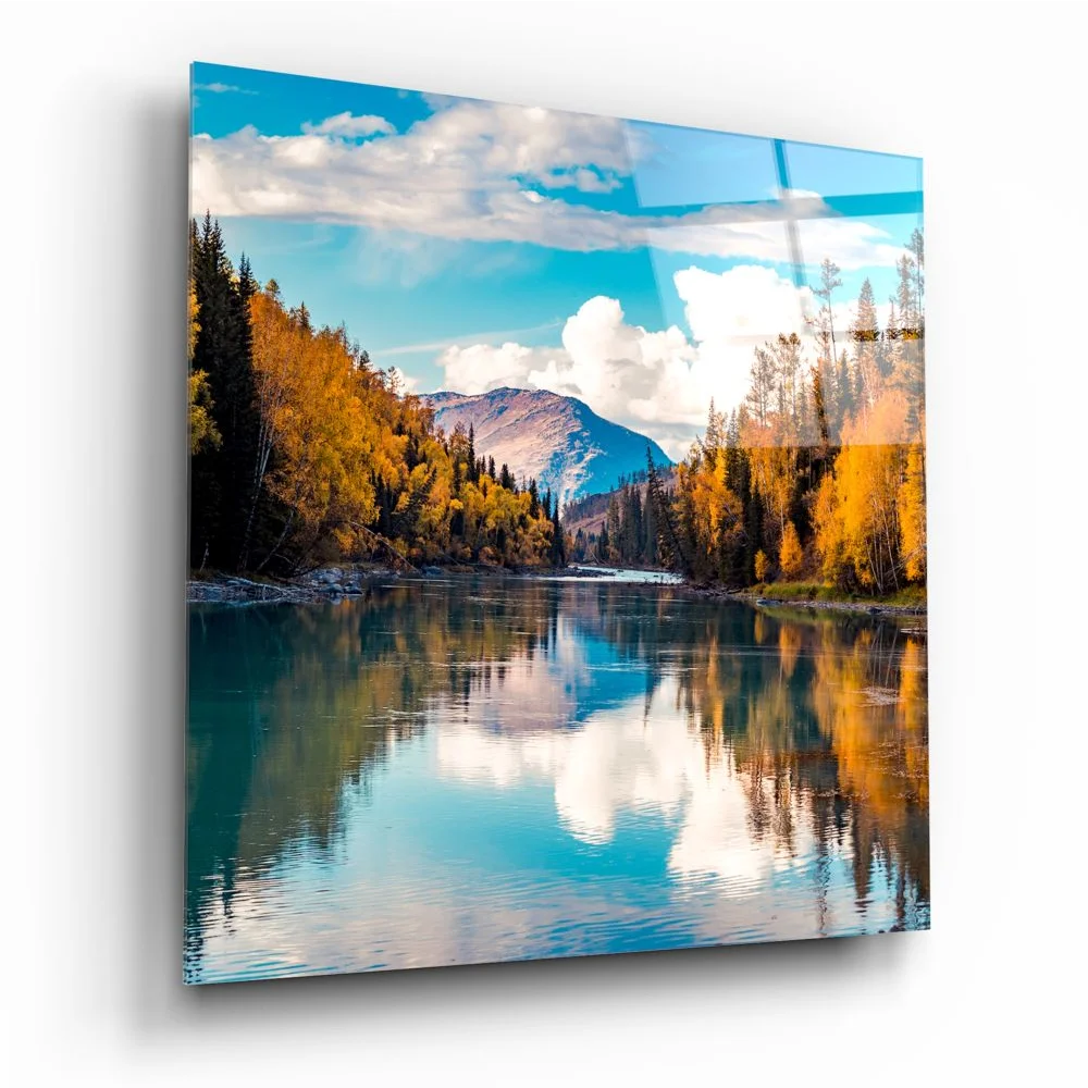 Stunning tempered glass art of blue teal river with mountain reflection