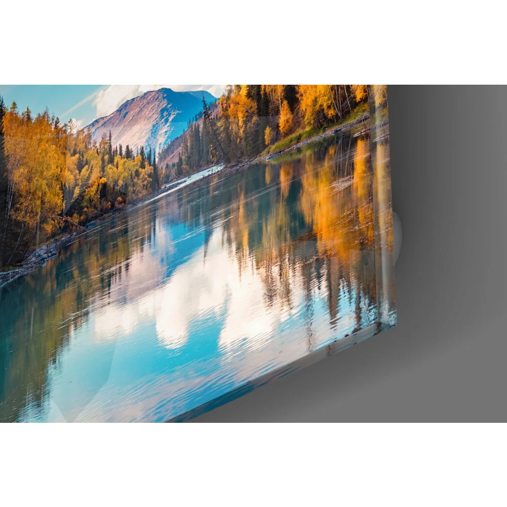 Serene tempered glass art of autumn river landscape with golden trees