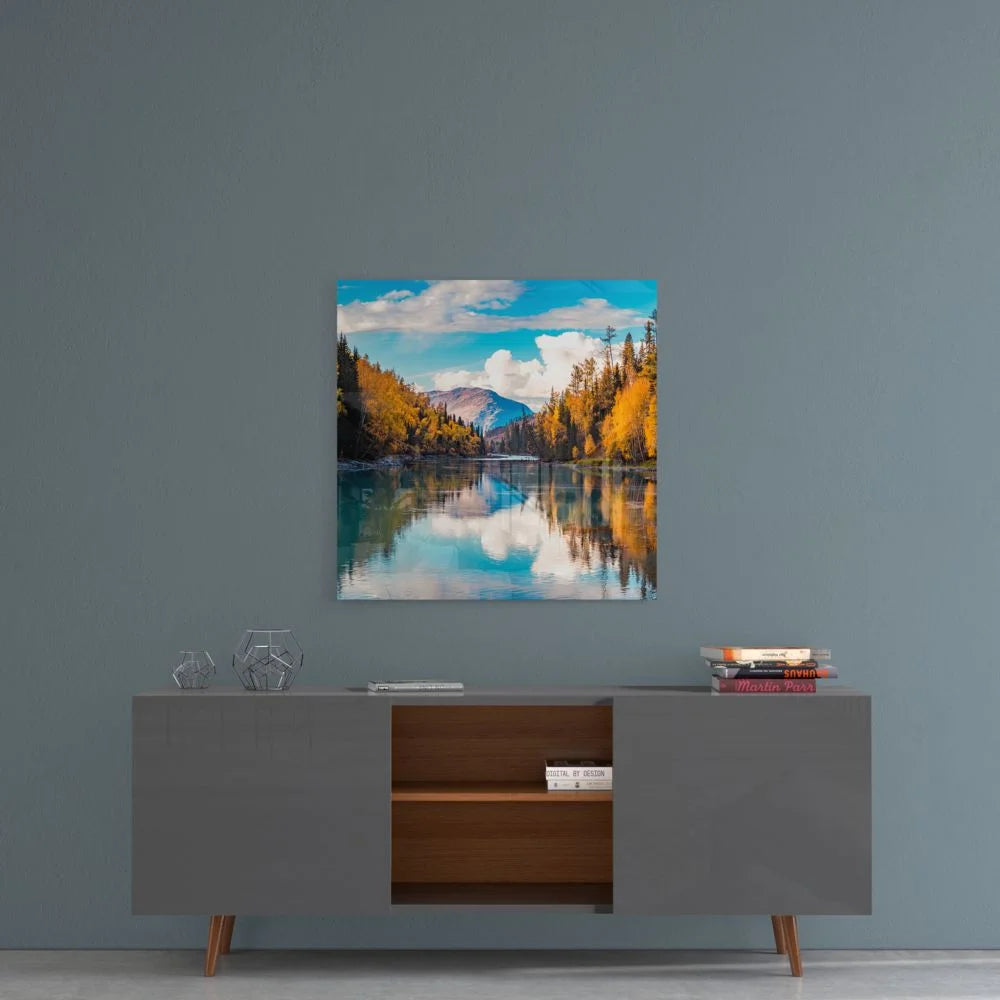 Modern gray sideboard with wooden legs, open shelves, and tempered glass art