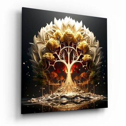 Gold and white tree of life tempered glass art with size comparison