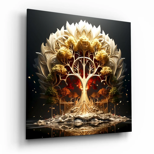 Gold and white tree of life tempered glass art with size comparison