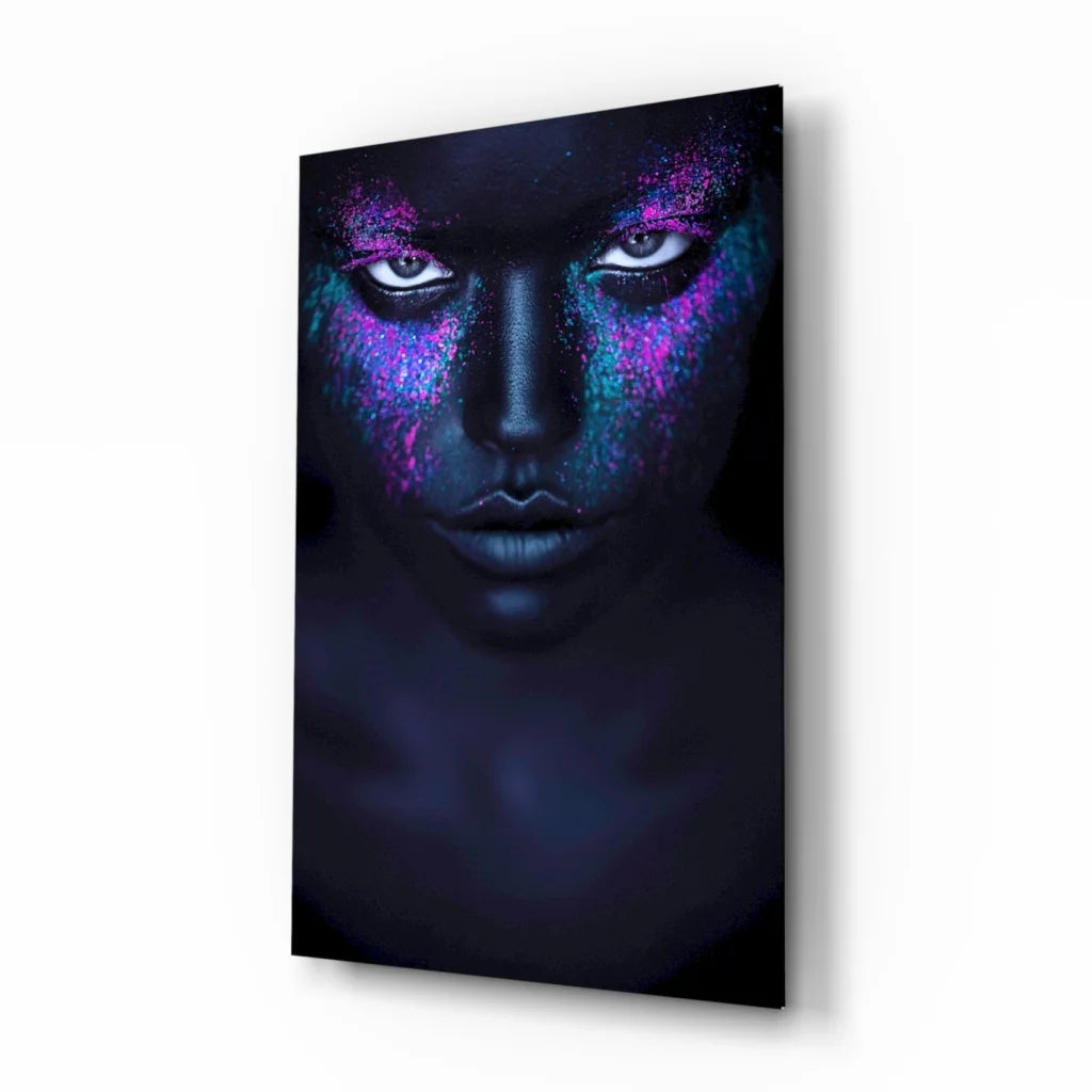 Black and purple galaxy tempered glass art with size comparison