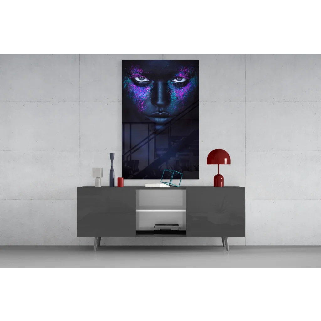Modern black and purple abstract face on stunning tempered glass art