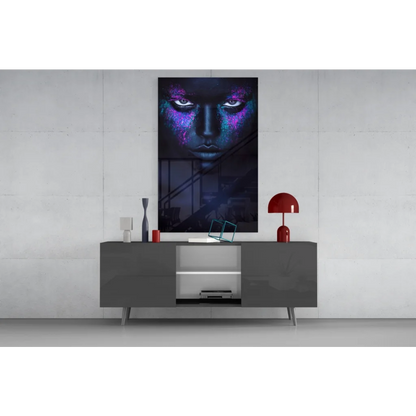 Modern black and purple abstract face on stunning tempered glass art