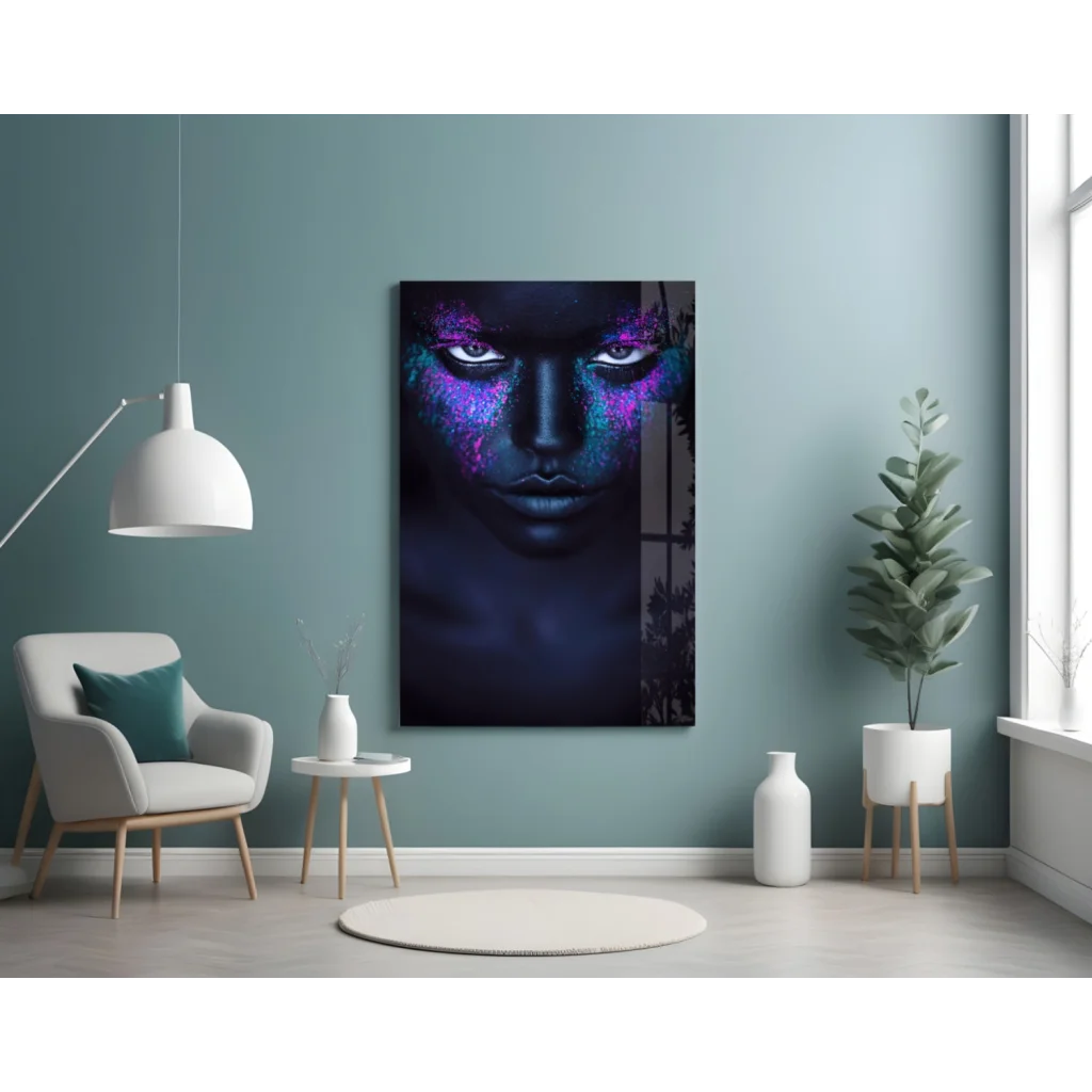 Purple and black abstract face glass art on tempered canvas