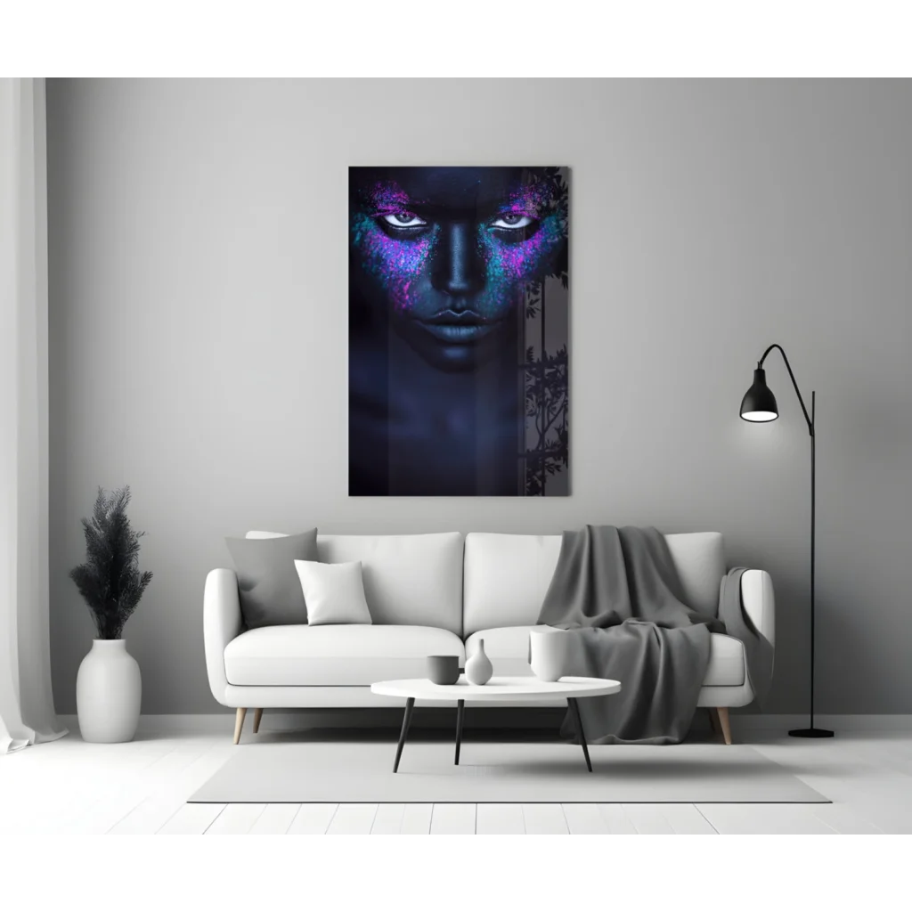 Purple blue abstract face glass art print on tempered canvas
