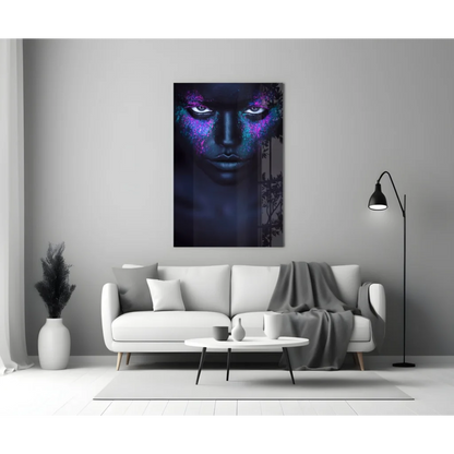 Purple blue abstract face glass art print on tempered canvas