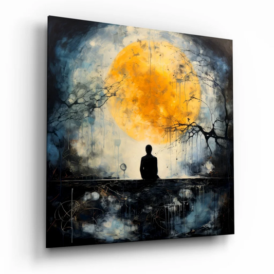 Solitary silhouette before vibrant orange moon on tempered glass art