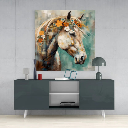Vibrant tempered glass art of horse with flowers on gray wall