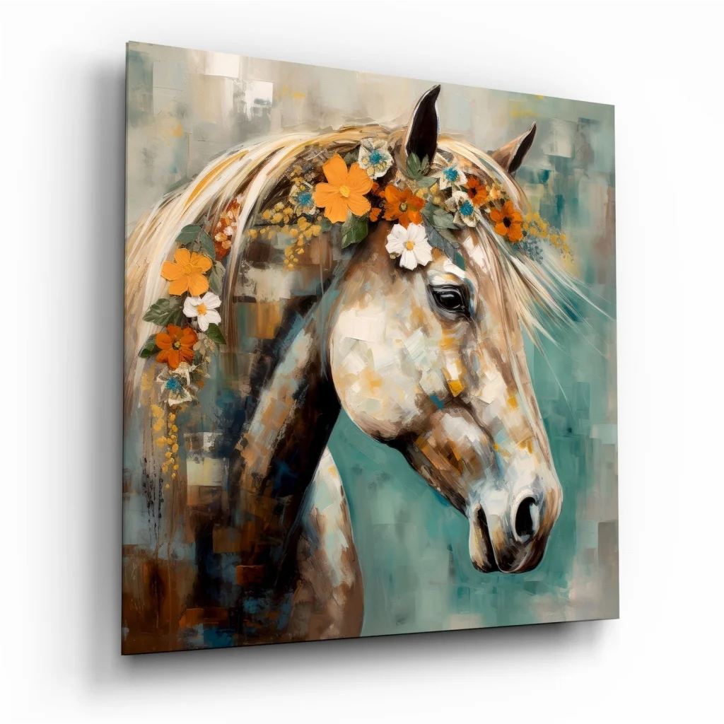 Stunning tempered glass art of light horse with floral crown