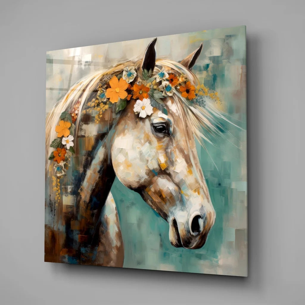 Light horse with floral crown on teal tempered glass art