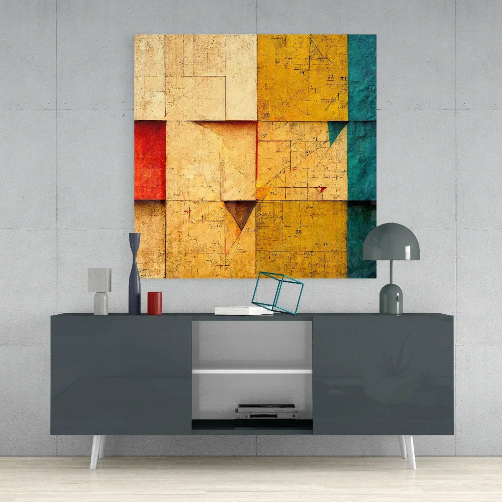 Bold abstract wall art with yellow, orange, red, teal textured blocks