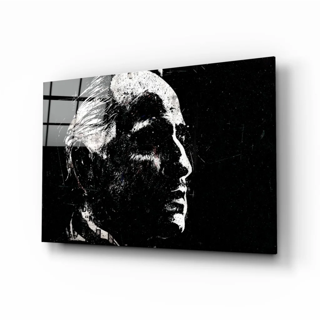 Black and white portrait of man with textured hair and glasses wall art