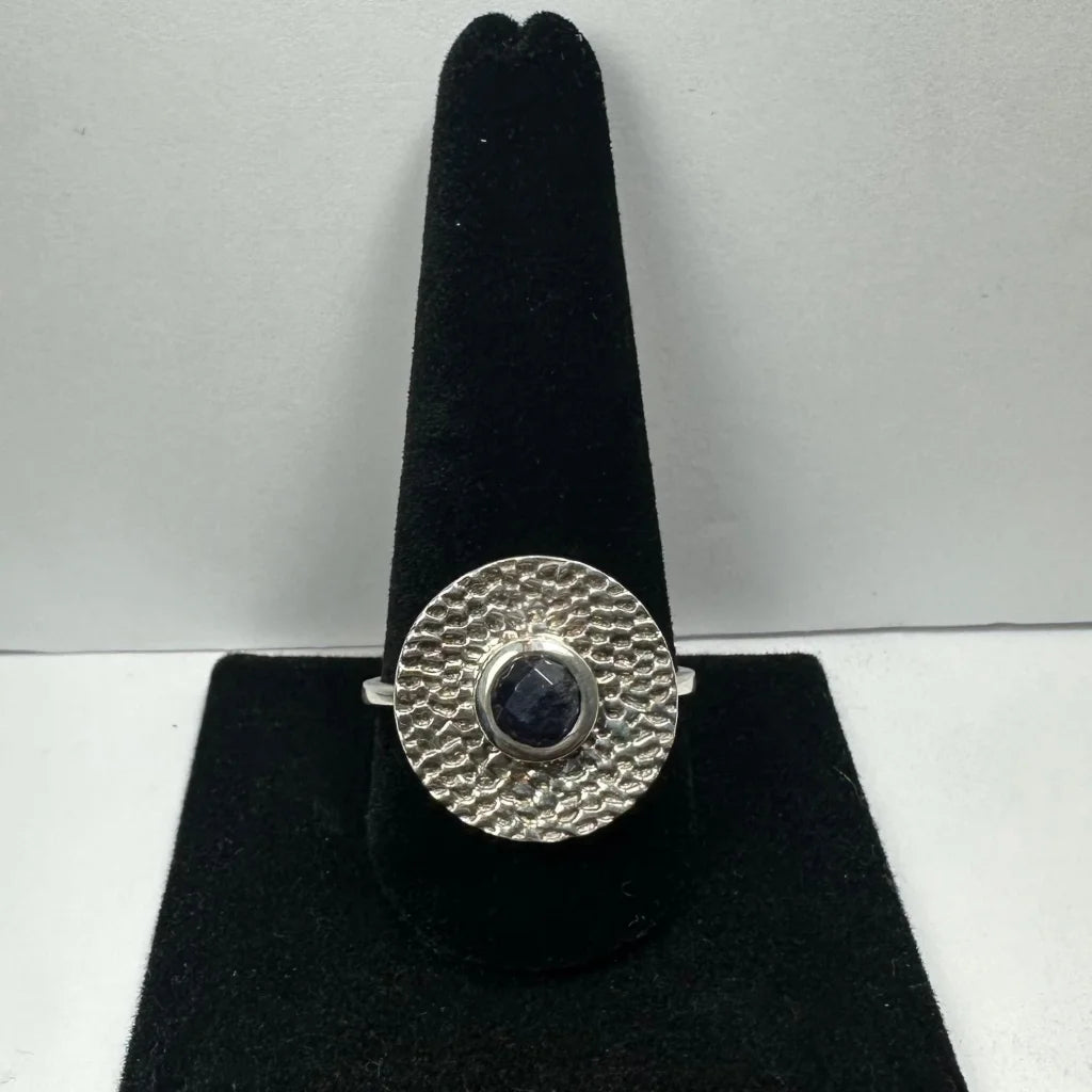 Stunning textured silver iolite ring with deep blue gemstone
