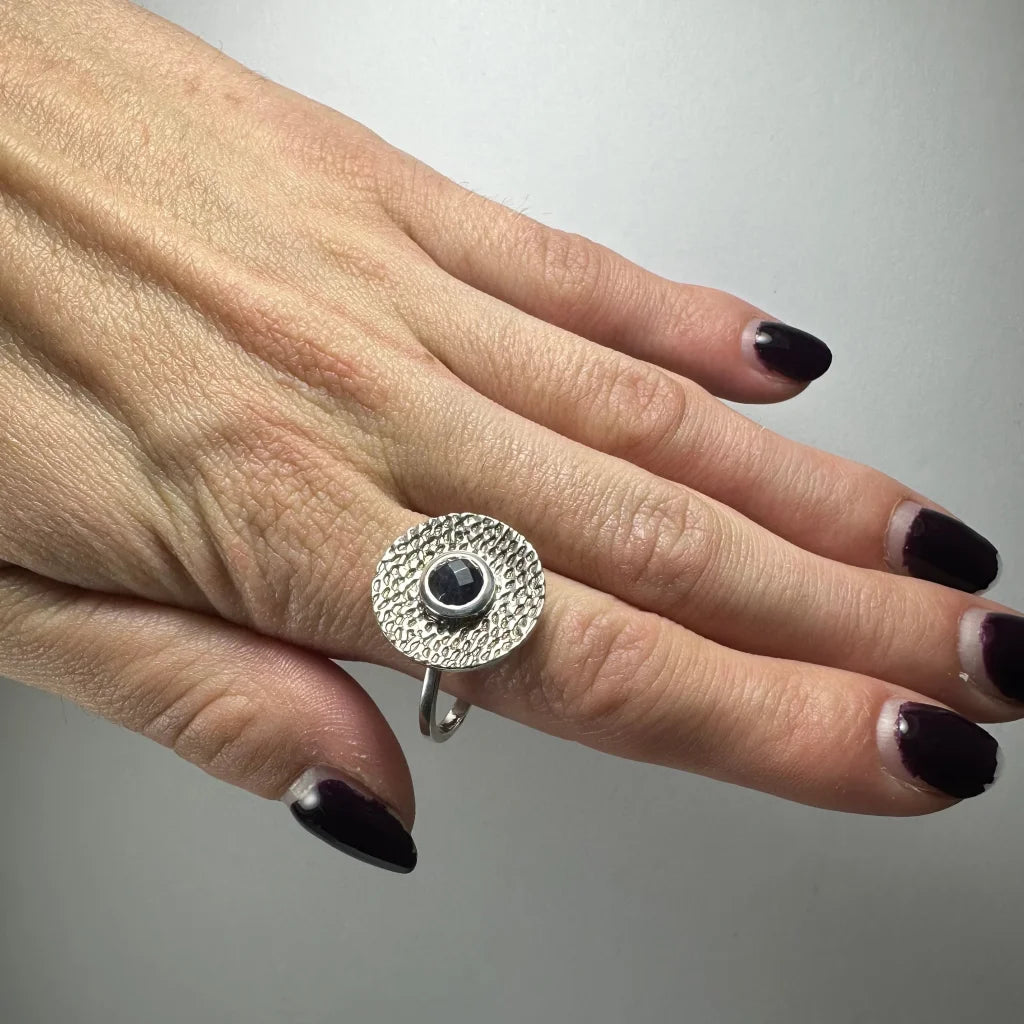 Stunning textured silver iolite ring with deep blue gemstone