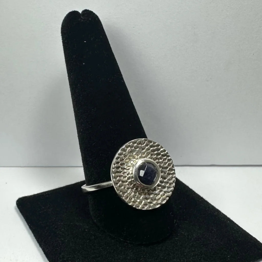 Stunning textured silver iolite ring with deep blue gemstone
