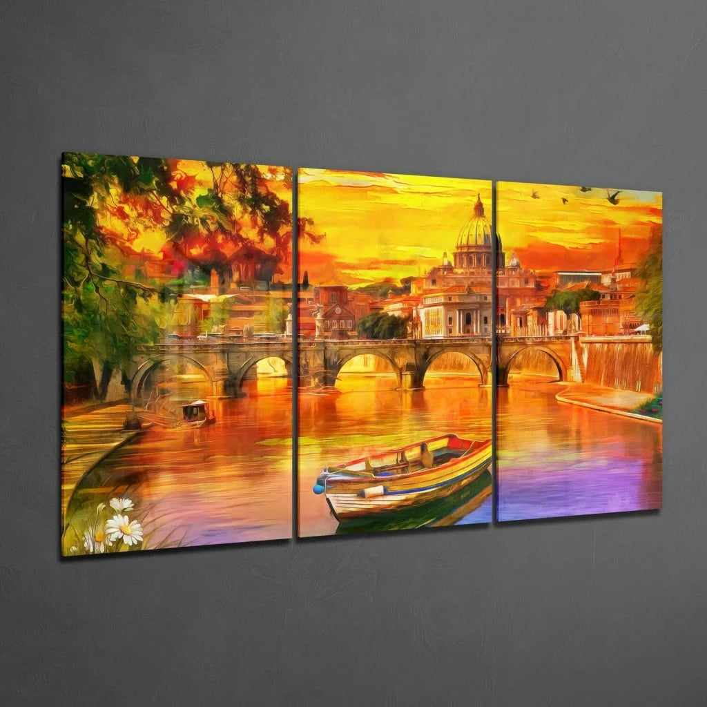Vibrant sunset over Tiber River in Rome, 3-panel canvas wall art