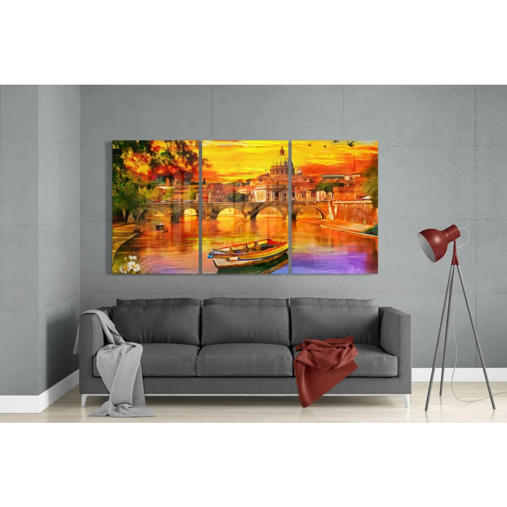 Vibrant Tiber River sunset 3-panel canvas wall art with bridge