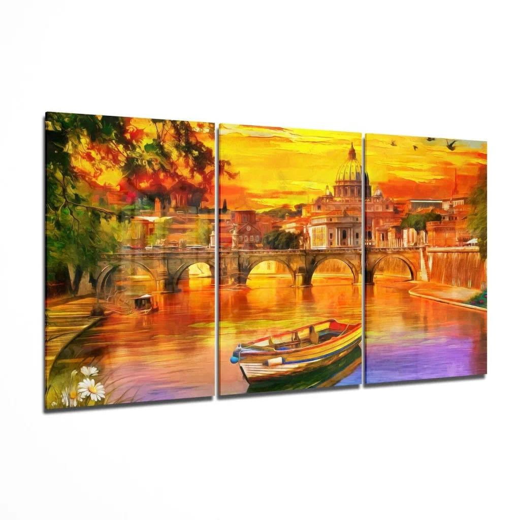 Vibrant Tiber River sunset 3-panel canvas wall art with arched bridge and boat