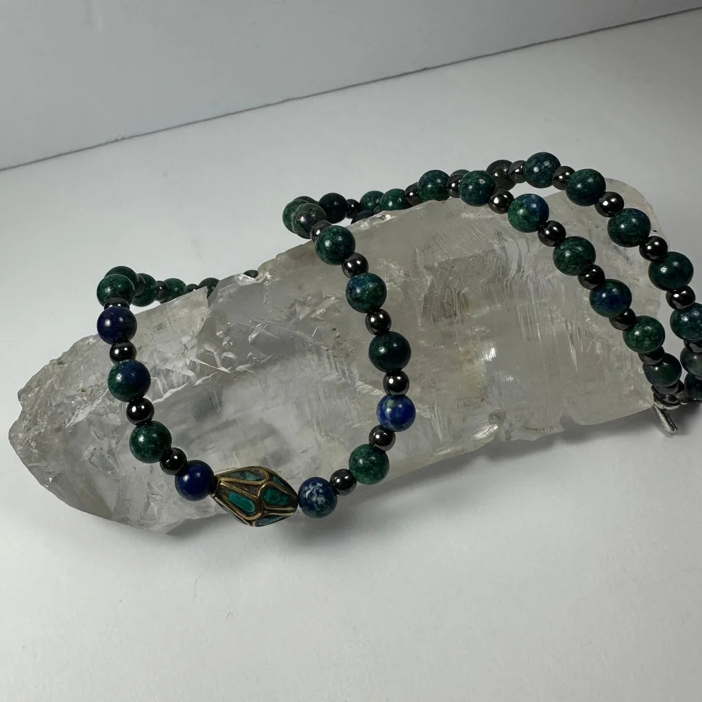 Stunning Tibetan brass turquoise necklace with green blue beads