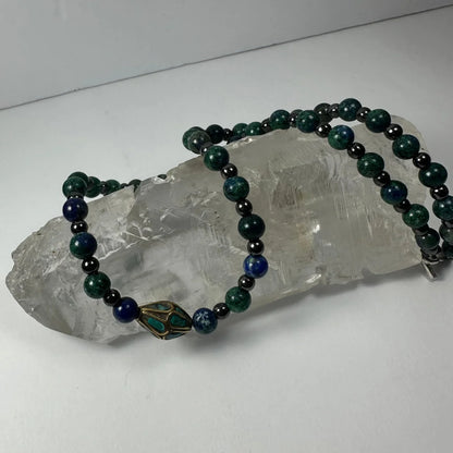 Stunning Tibetan brass turquoise necklace with green blue beads