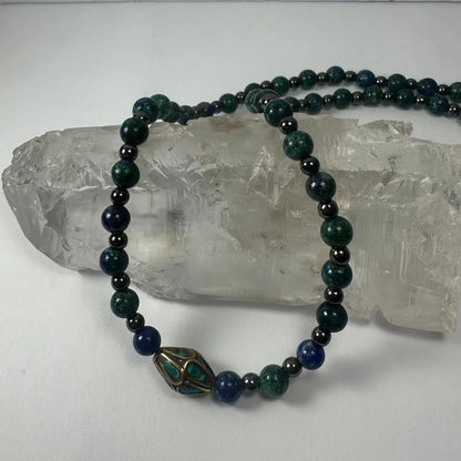 Stunning Tibetan brass necklace with turquoise beads and ornate pendant