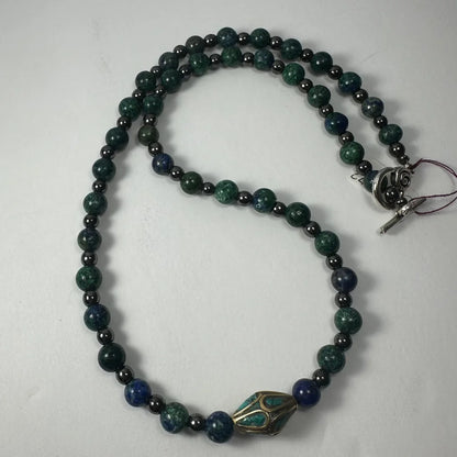Stunning Tibetan brass turquoise necklace with green and blue beads