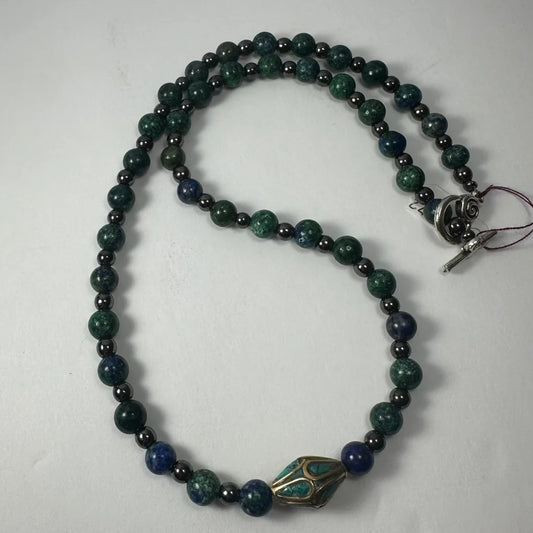 Stunning Tibetan brass turquoise necklace with green and blue beads